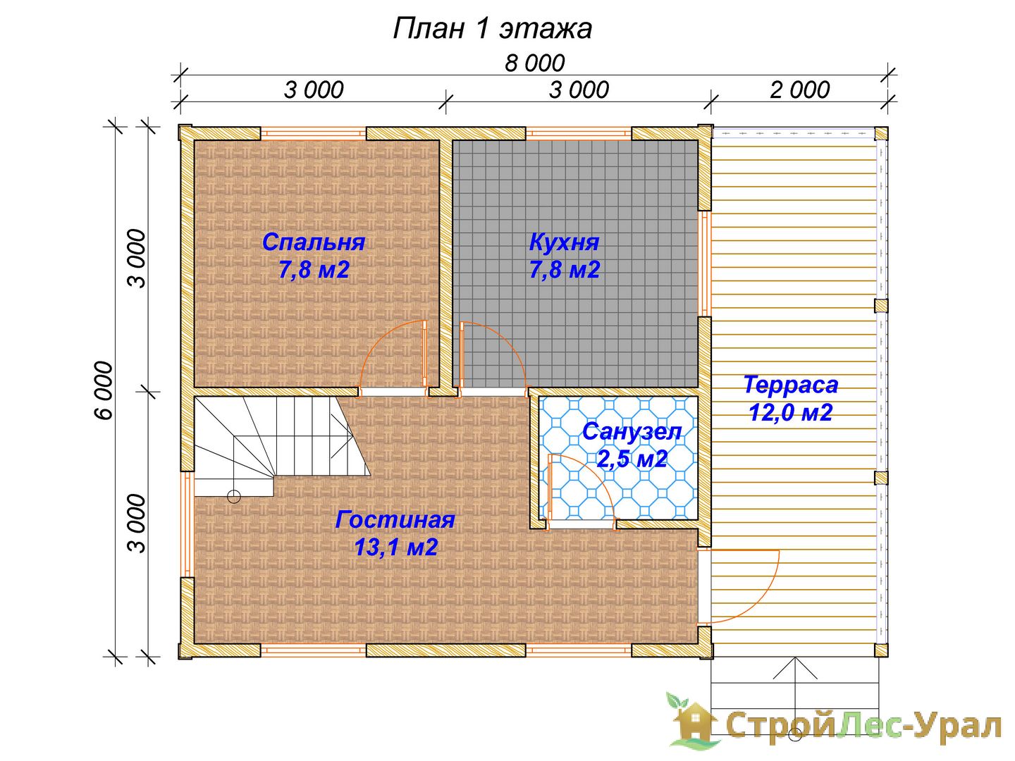 Проект дома ДБ-37 (6х8м), площадью 62м² из бруса 150х150мм